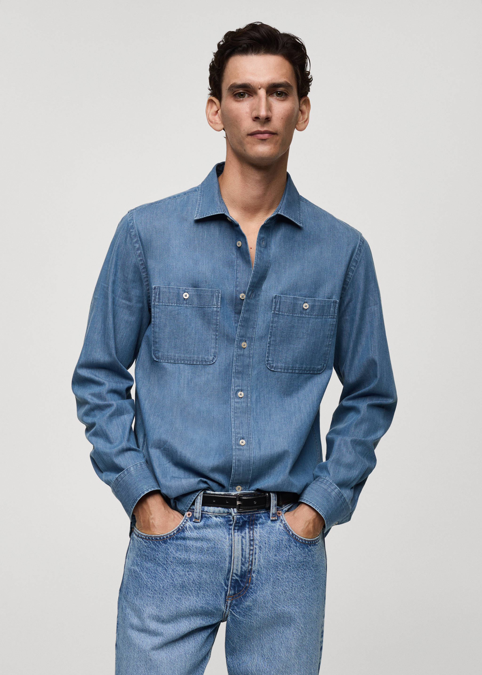 Denim overshirt with regular fit pockets - Medium plane