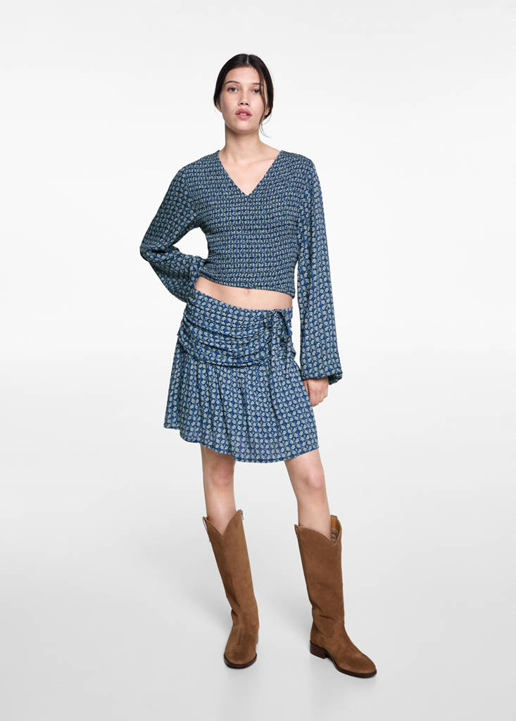 MANGO TEEN - Jupe imprimée froncée bleu marine foncé - XXS - Fille Teen