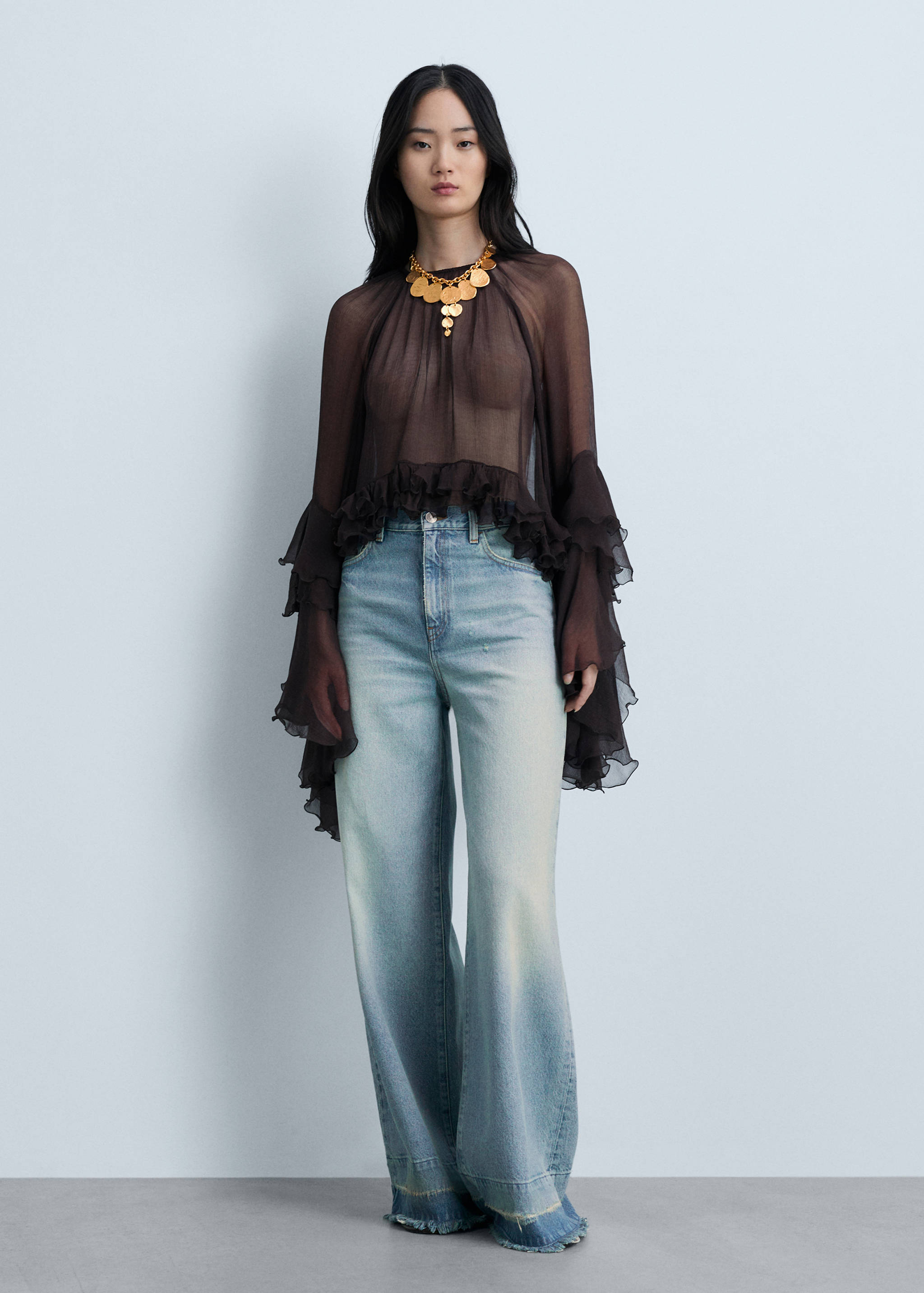 Cropped ruffled chiffon blouse - General plane