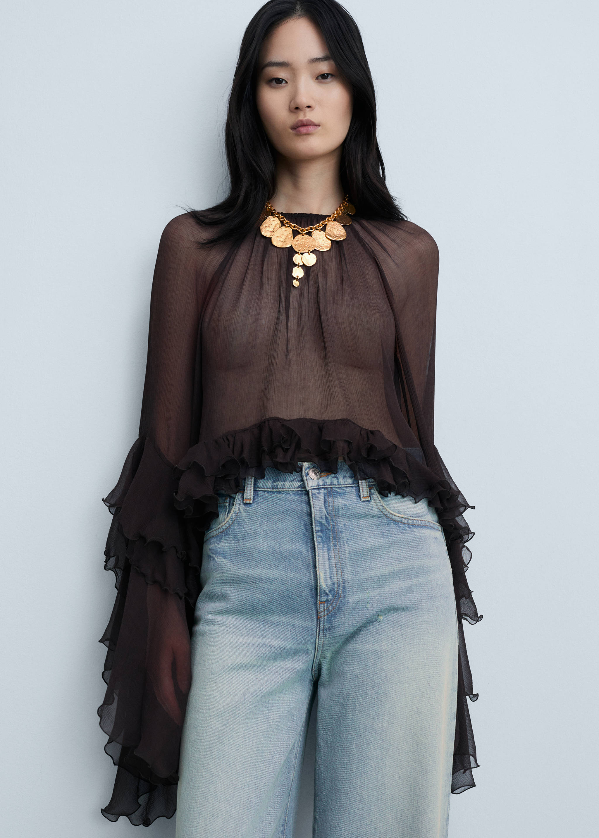 Cropped ruffled chiffon blouse - Medium plane