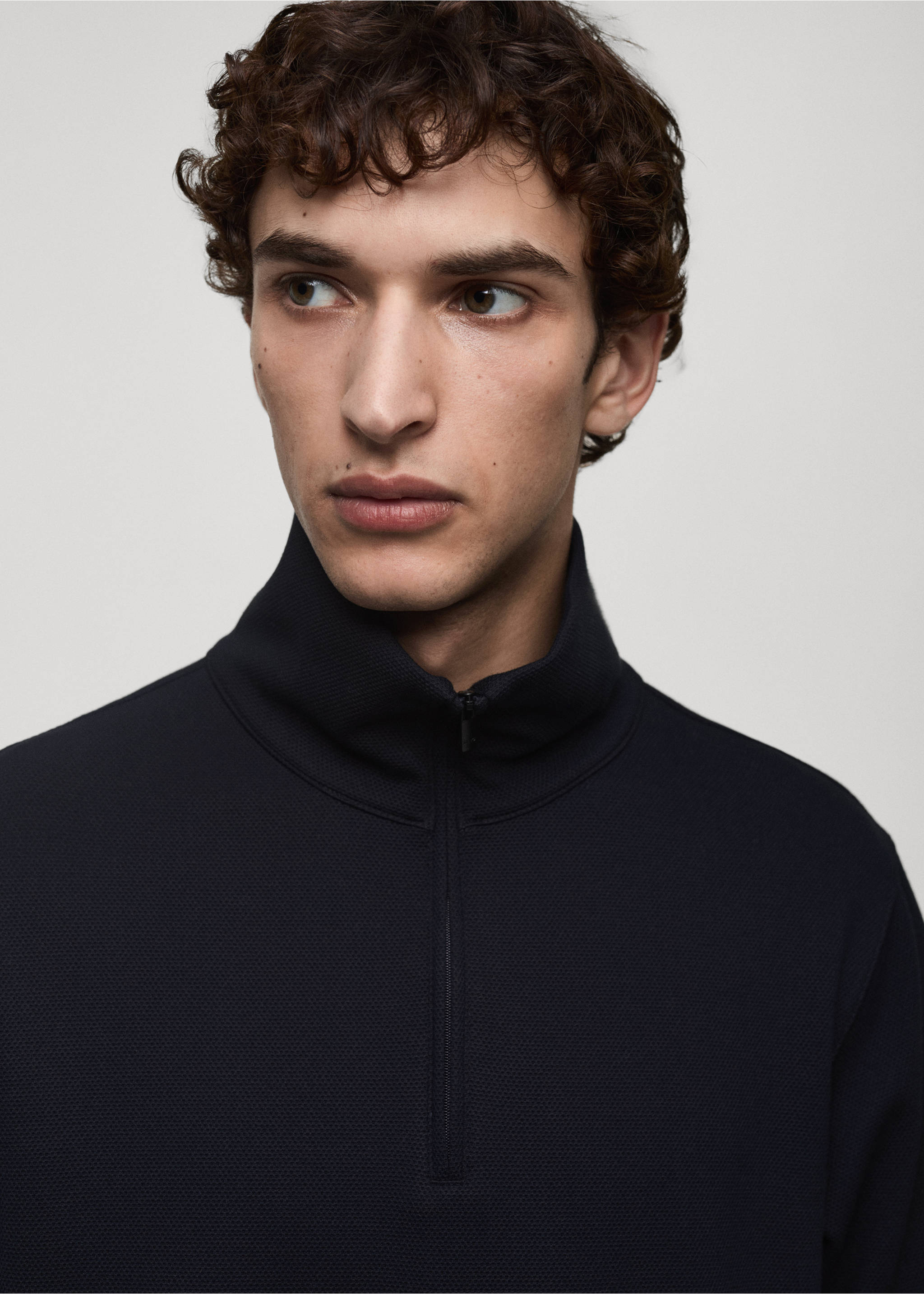 Dark navy blue zip-neck sweatshirt with a high funnel collar., Dark Navy. Ref: 77025969-00.