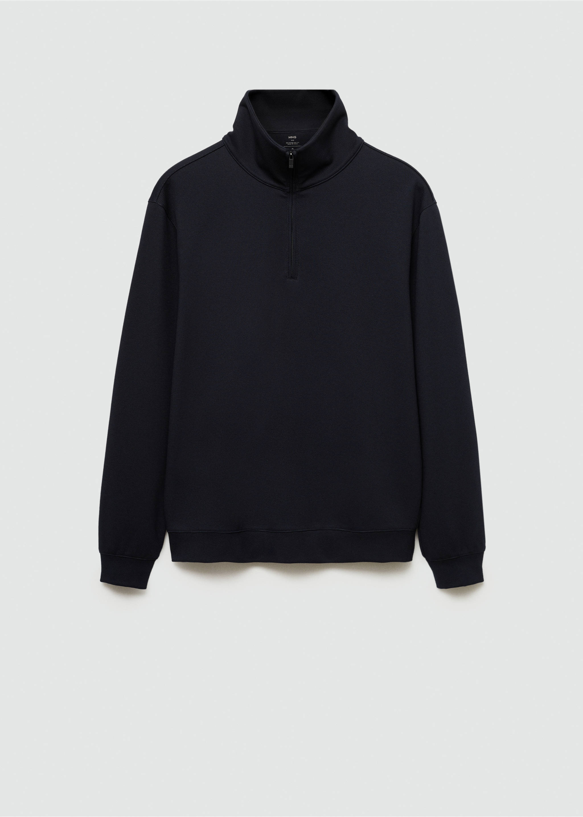 Dark navy blue zip-neck sweatshirt with a stand-up collar and ribbed trims., Dark Navy. Ref: 77025969-00.