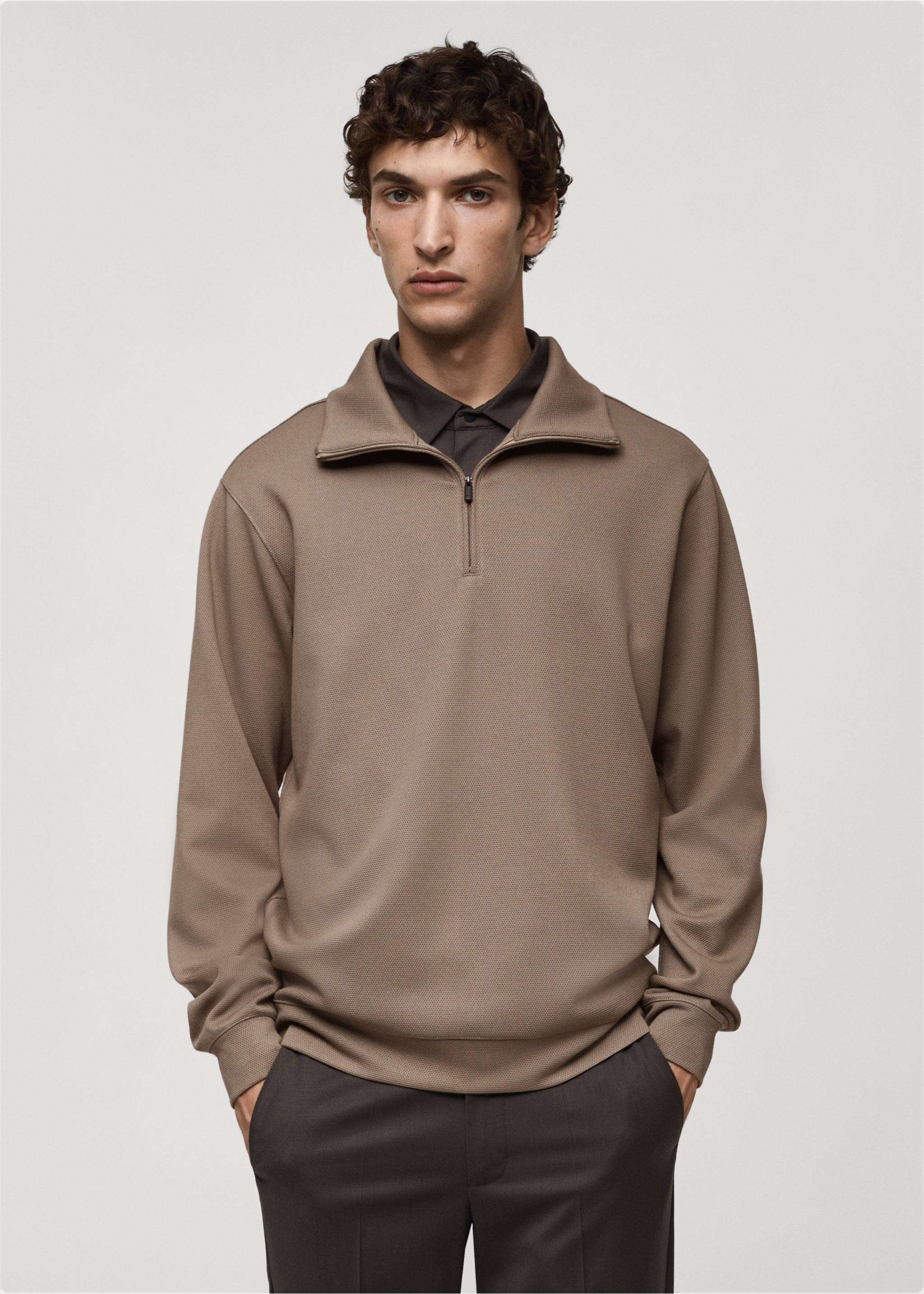 Brown quarter-zip sweatshirt with a high collar worn over a dark grey shirt., Mink Grey. Ref: 77025969-00.