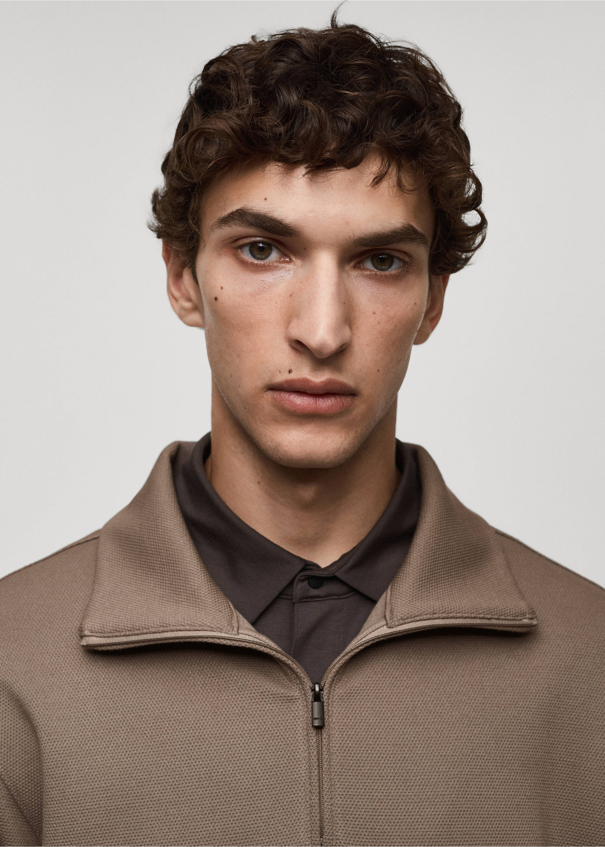 Brown zip-up sweatshirt with a structured collar and textured finish., Mink Grey. Ref: 77025969-00.