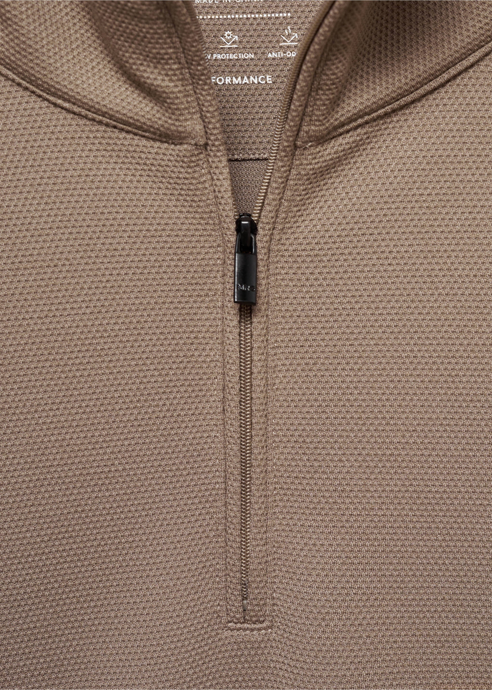 Brown textured sweatshirt detail showing the half-zip collar., Mink Grey. Ref: 77025969-00.