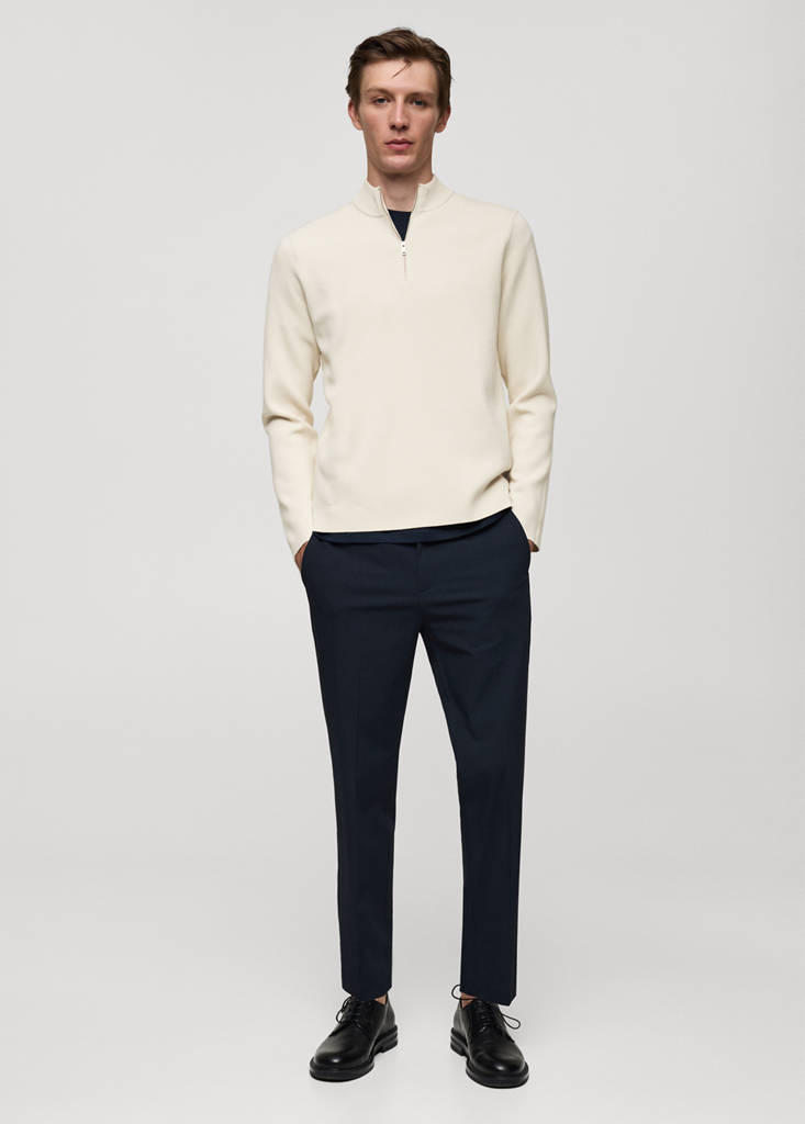 Medium-knit sweater with zip-up perkins neck — Ivory White