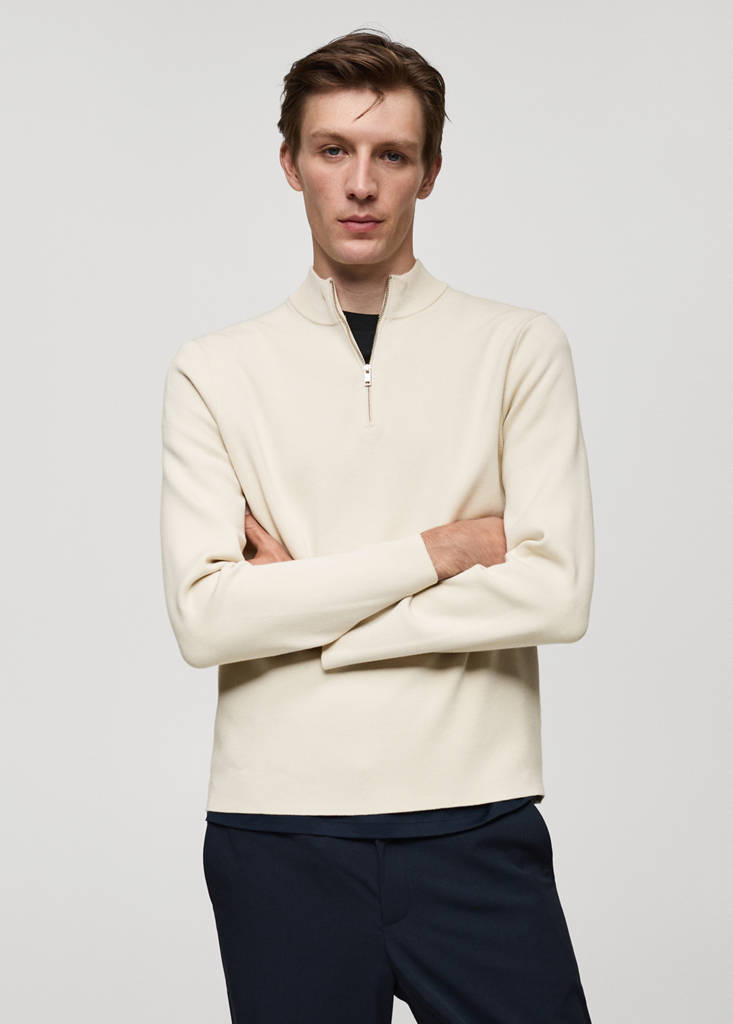 Medium-knit sweater with zip-up perkins neck — Ivory White