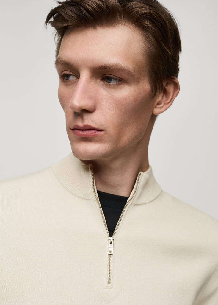 Medium-knit sweater with zip-up perkins neck — Ivory White