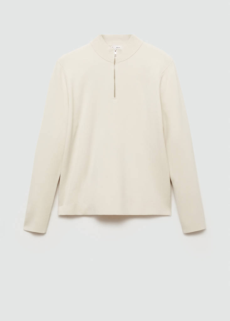Medium-knit sweater with zip-up perkins neck — Ivory White