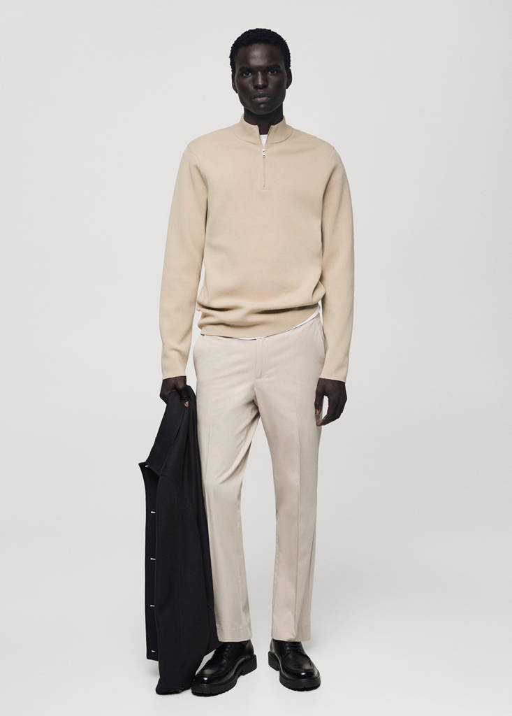 Medium-knit sweater with zip-up perkins neck — Beige