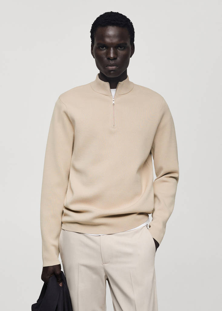 Medium-knit sweater with zip-up perkins neck — Beige