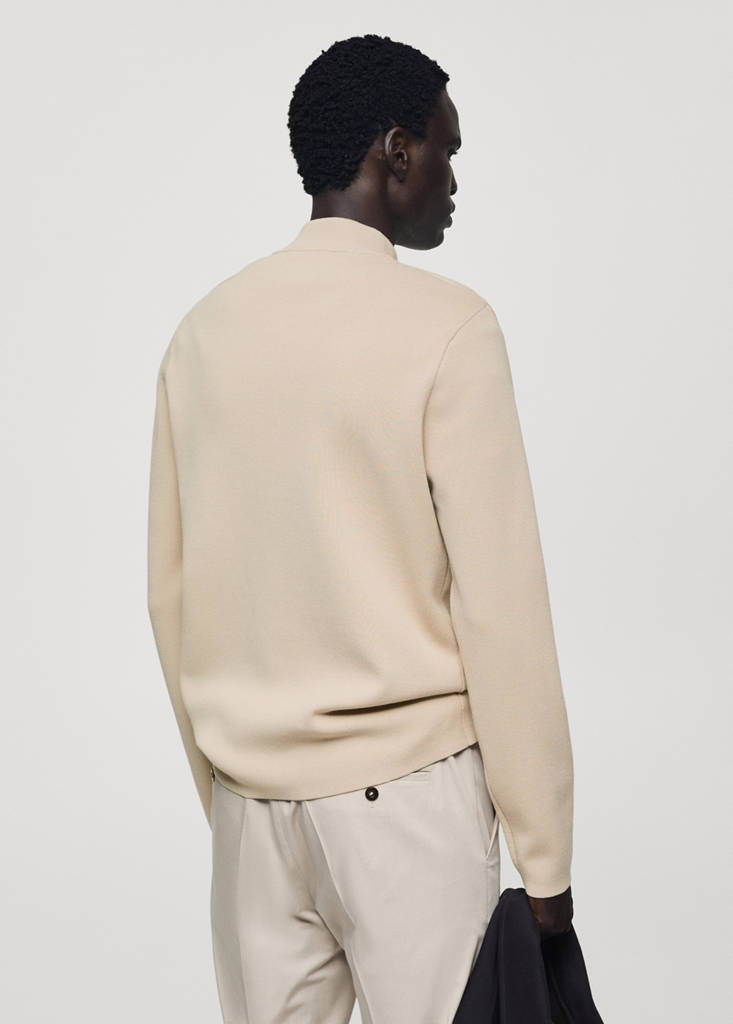 Medium-knit sweater with zip-up perkins neck — Beige