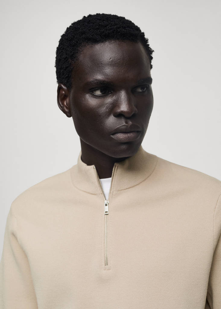 Medium-knit sweater with zip-up perkins neck — Beige