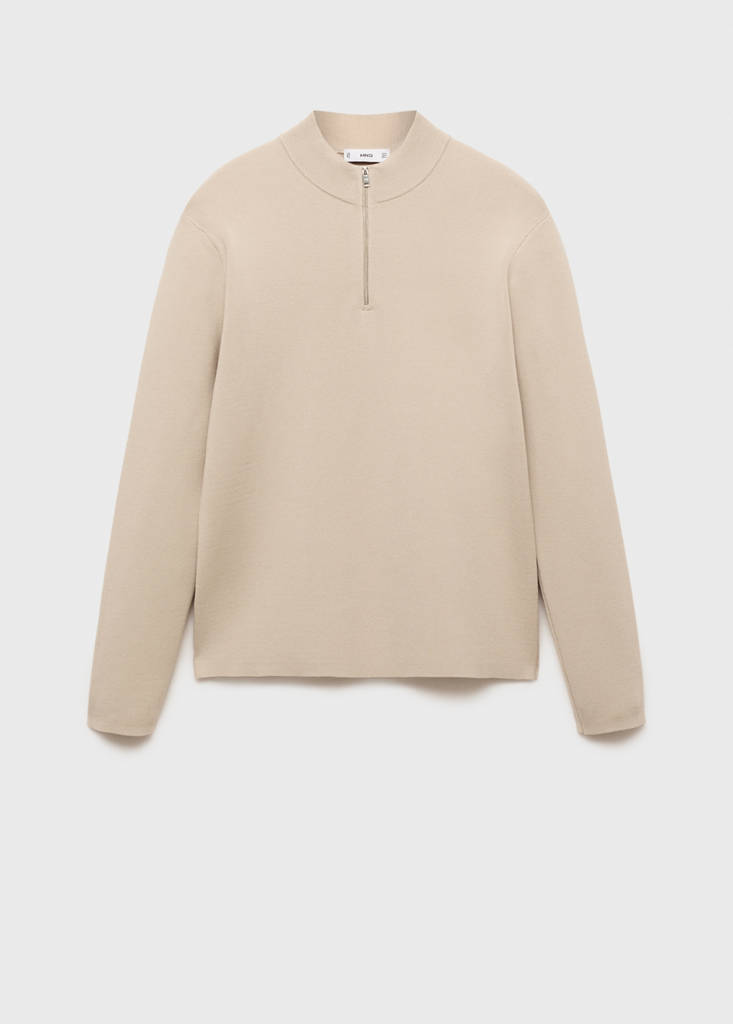 Medium-knit sweater with zip-up perkins neck — Beige