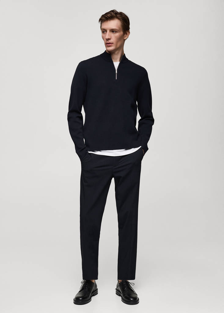 Medium-knit sweater with zip-up perkins neck — Dark Navy
