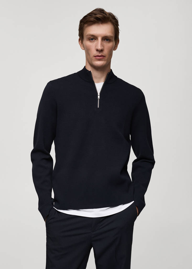 Medium-knit sweater with zip-up perkins neck — Dark Navy