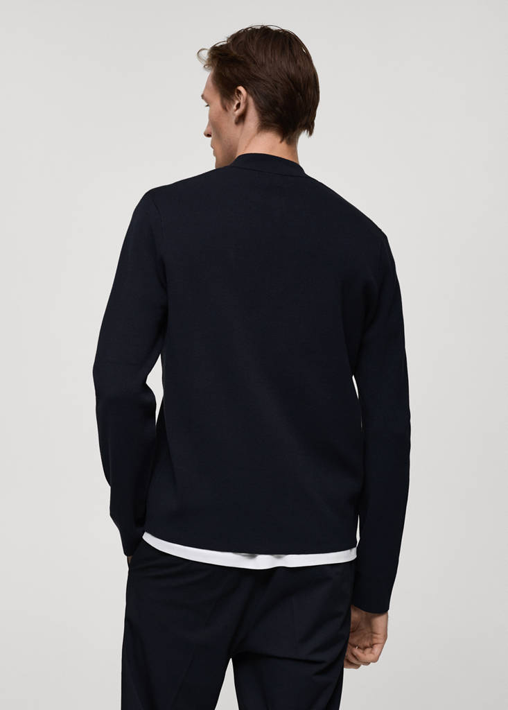 Medium-knit sweater with zip-up perkins neck — Dark Navy