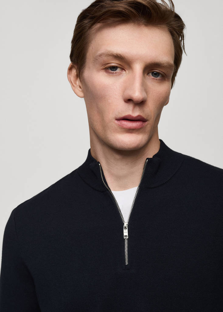 Medium-knit sweater with zip-up perkins neck — Dark Navy