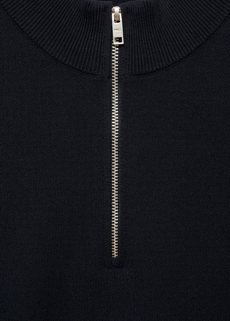 Medium-knit sweater with zip-up perkins neck — Dark Navy