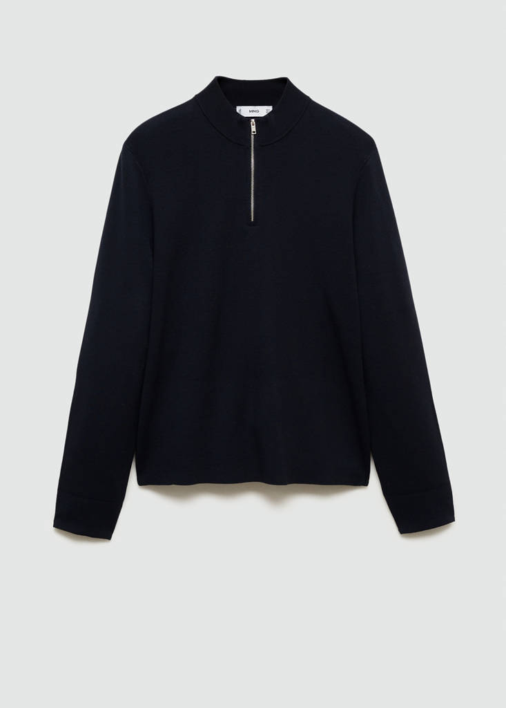 Medium-knit sweater with zip-up perkins neck — Dark Navy