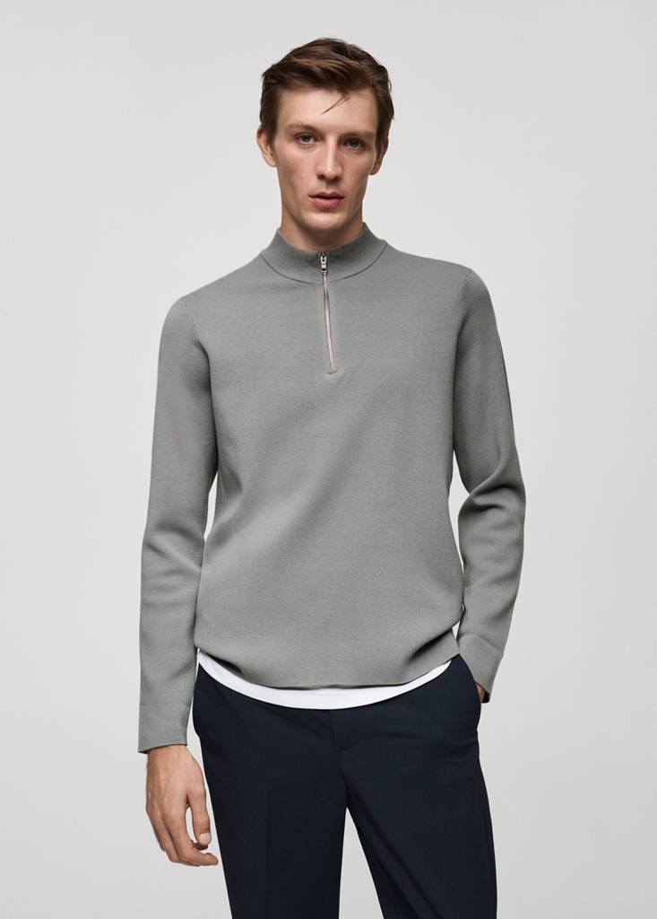 Medium-knit sweater with zip-up perkins neck — Grey
