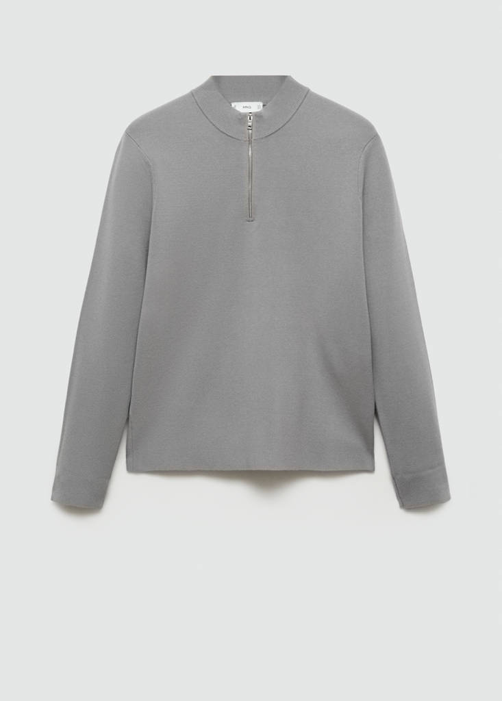 Medium-knit sweater with zip-up perkins neck — Grey