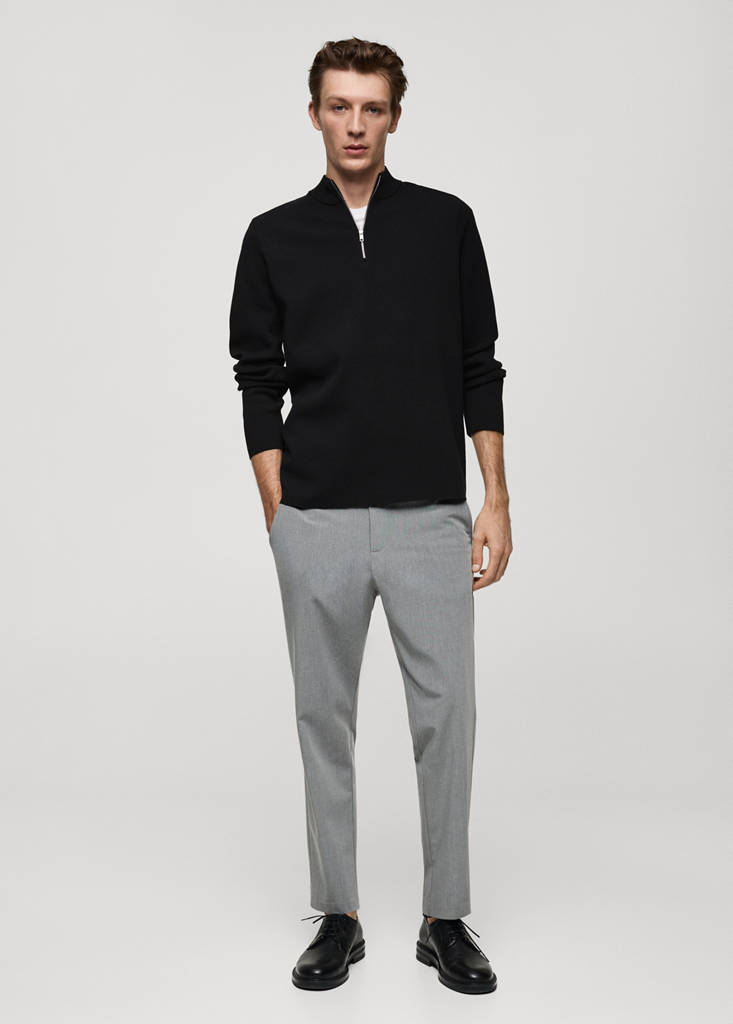 Medium-knit sweater with zip-up perkins neck — Black