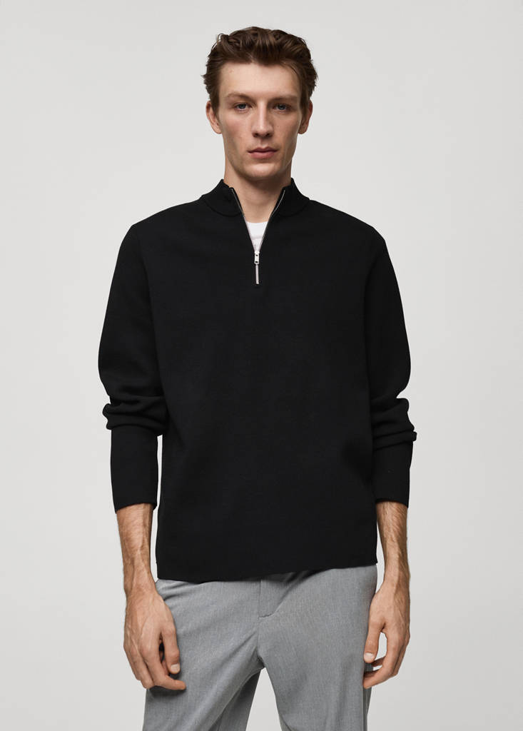 Medium-knit sweater with zip-up perkins neck — Black