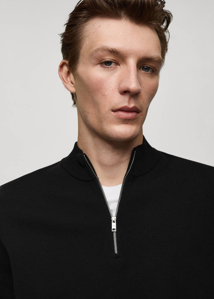 Medium-knit sweater with zip-up perkins neck — Black