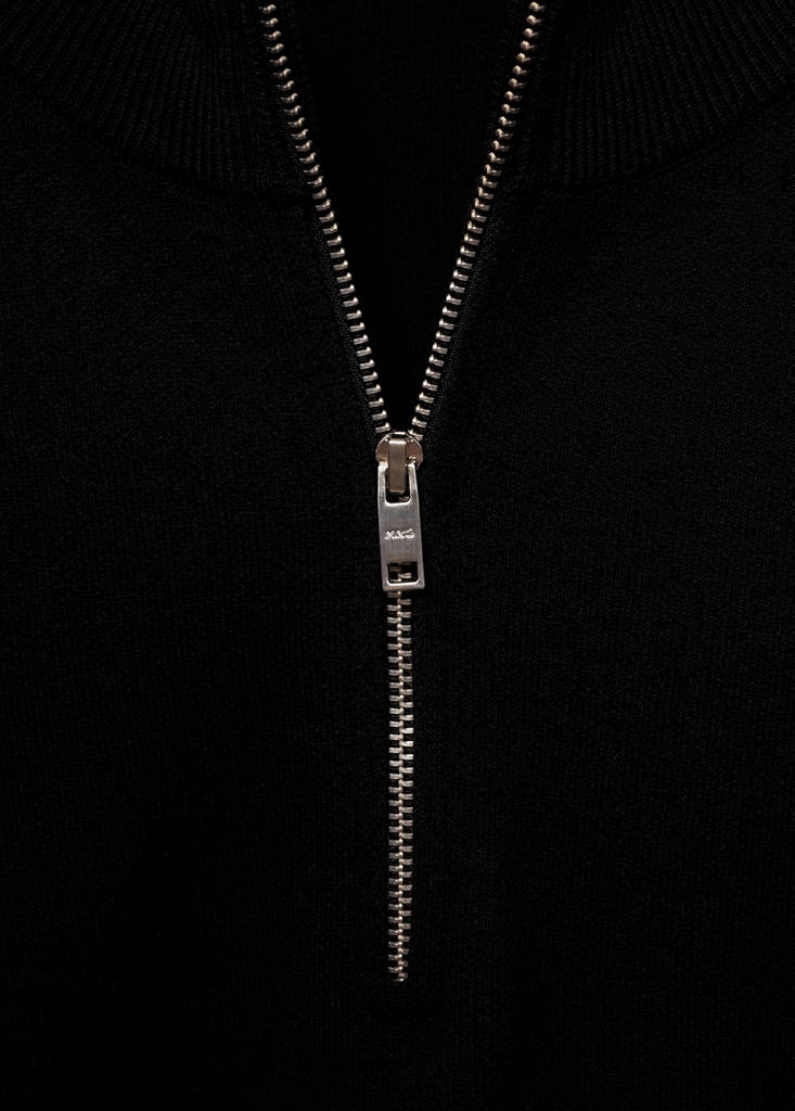 Medium-knit sweater with zip-up perkins neck — Black