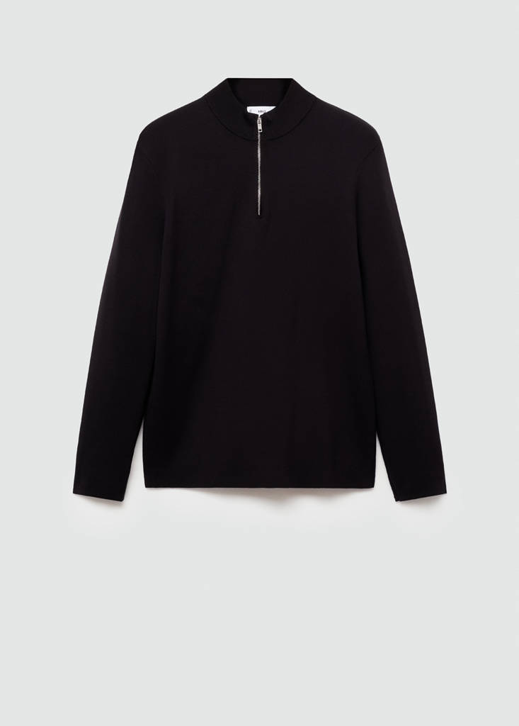 Medium-knit sweater with zip-up perkins neck — Black