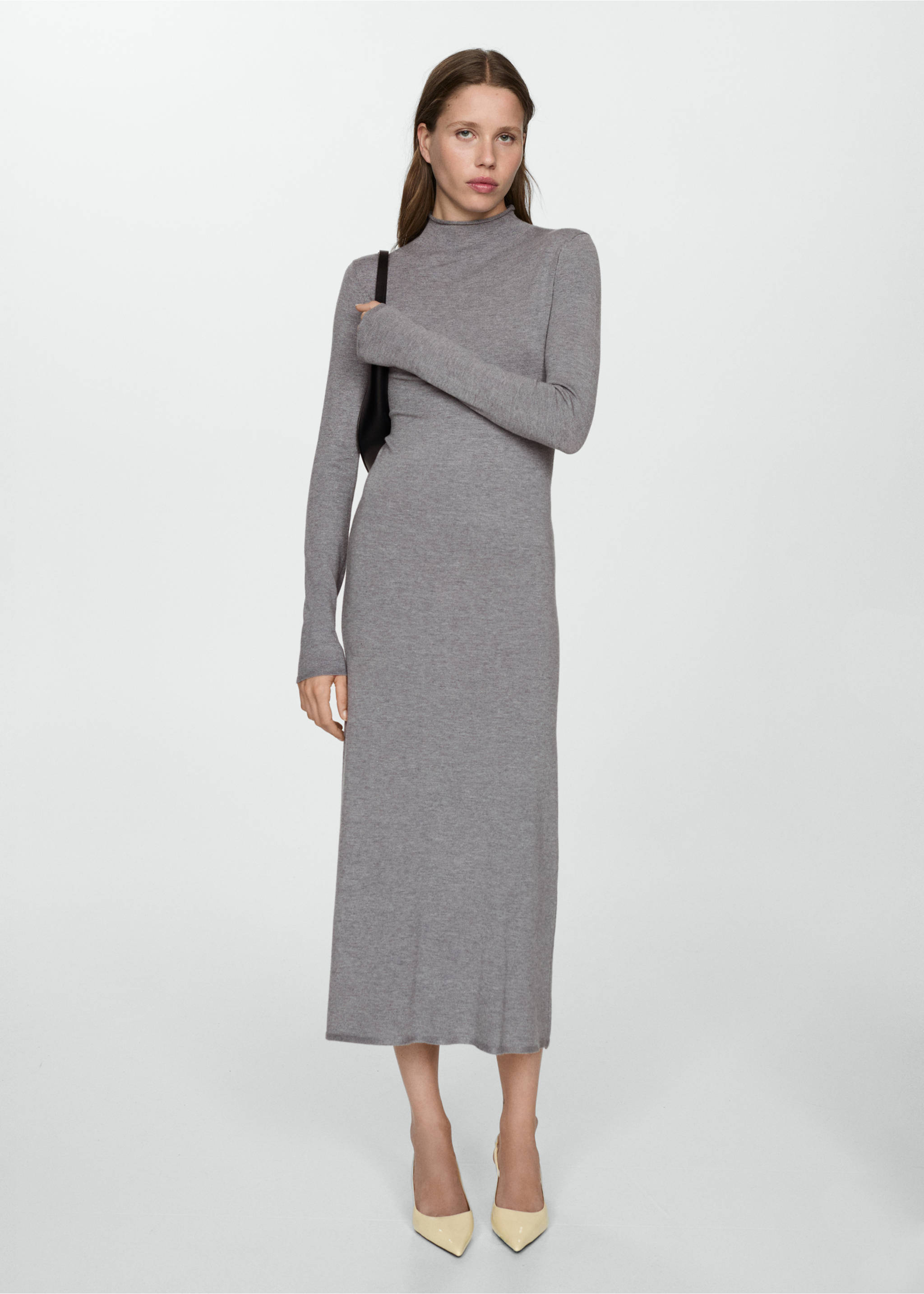 Perkins-neck knitted dress - General plane, Medium Heather Grey. Ref: 77026723-00.