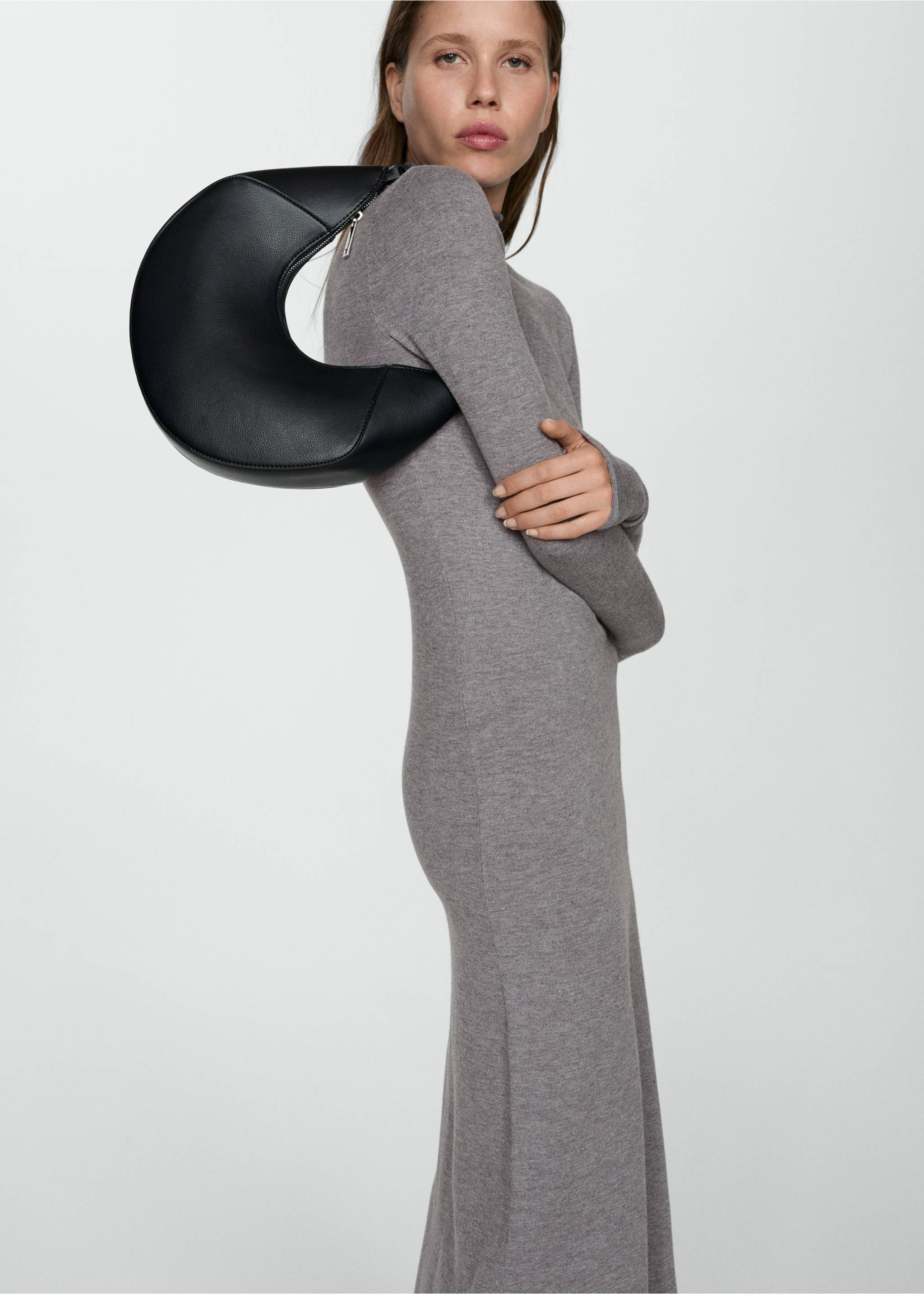 Perkins-neck knitted dress - Medium plane, Medium Heather Grey. Ref: 77026723-00.