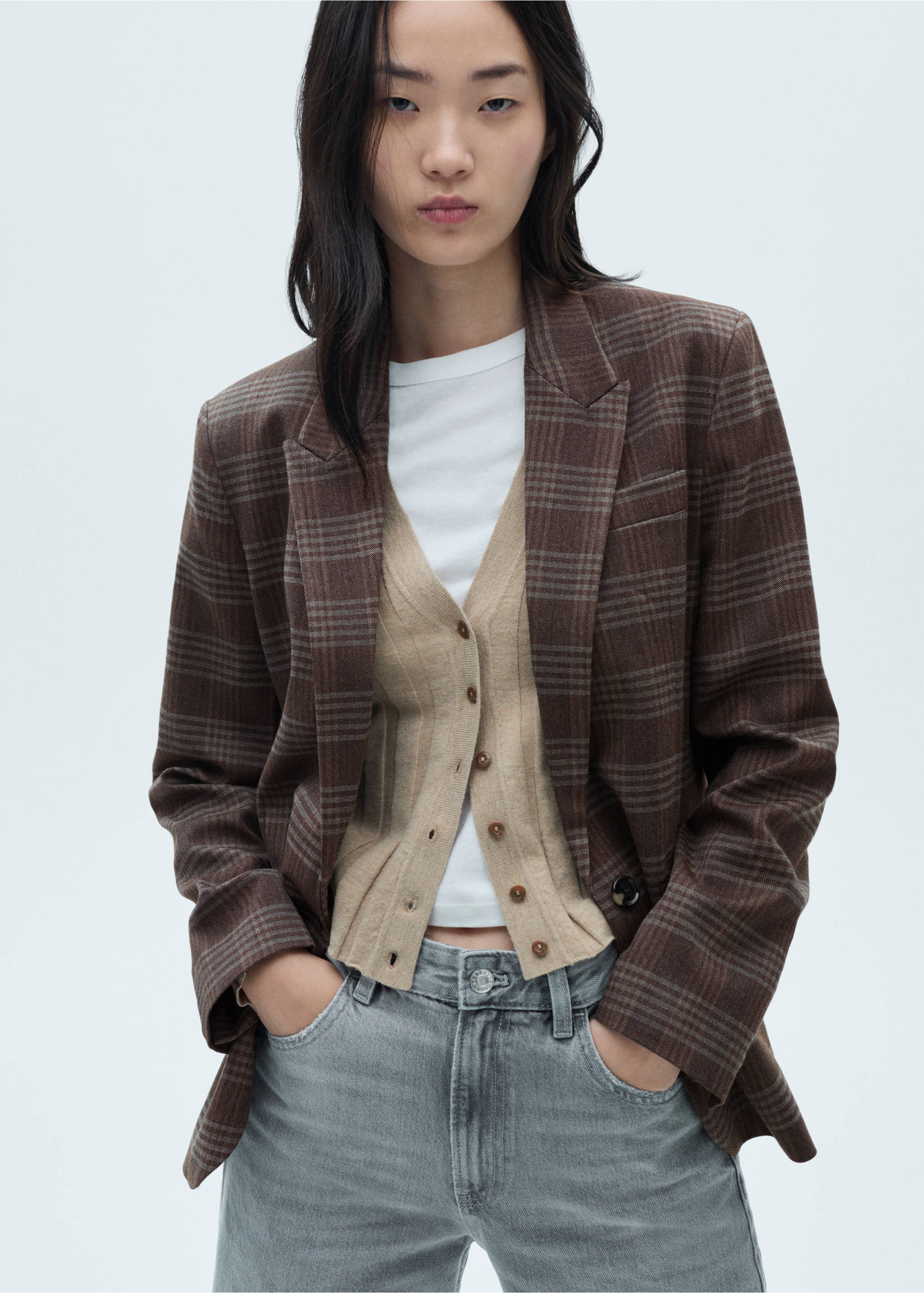 Straight-fit check jacket - Medium plane, Brown. Ref: 77026727-00.
