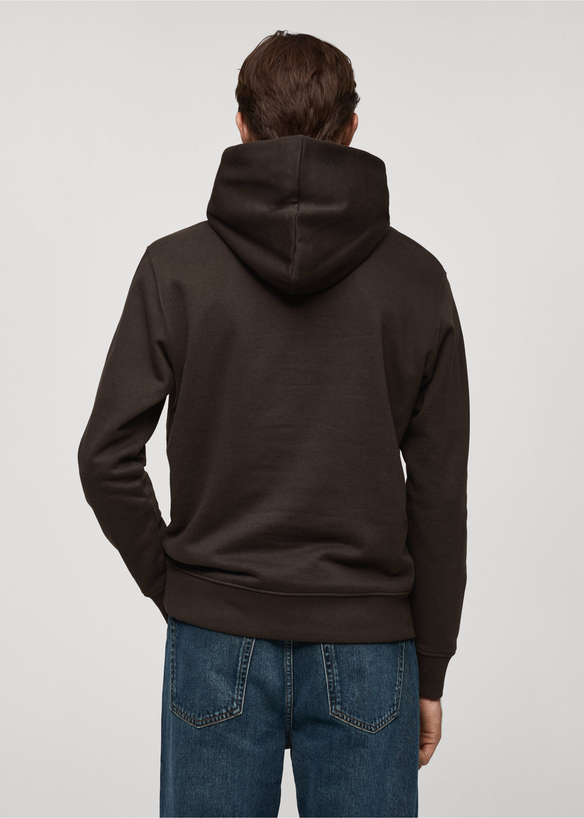 Back view of a dark brown hoodie with a hood and ribbed trims., Chocolate. Ref: 77027115-00.