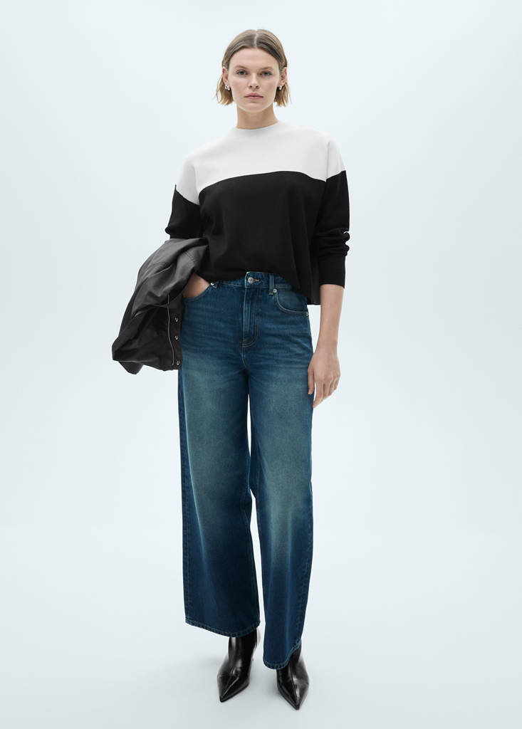 Two-tone sweater with perkins neck — Black