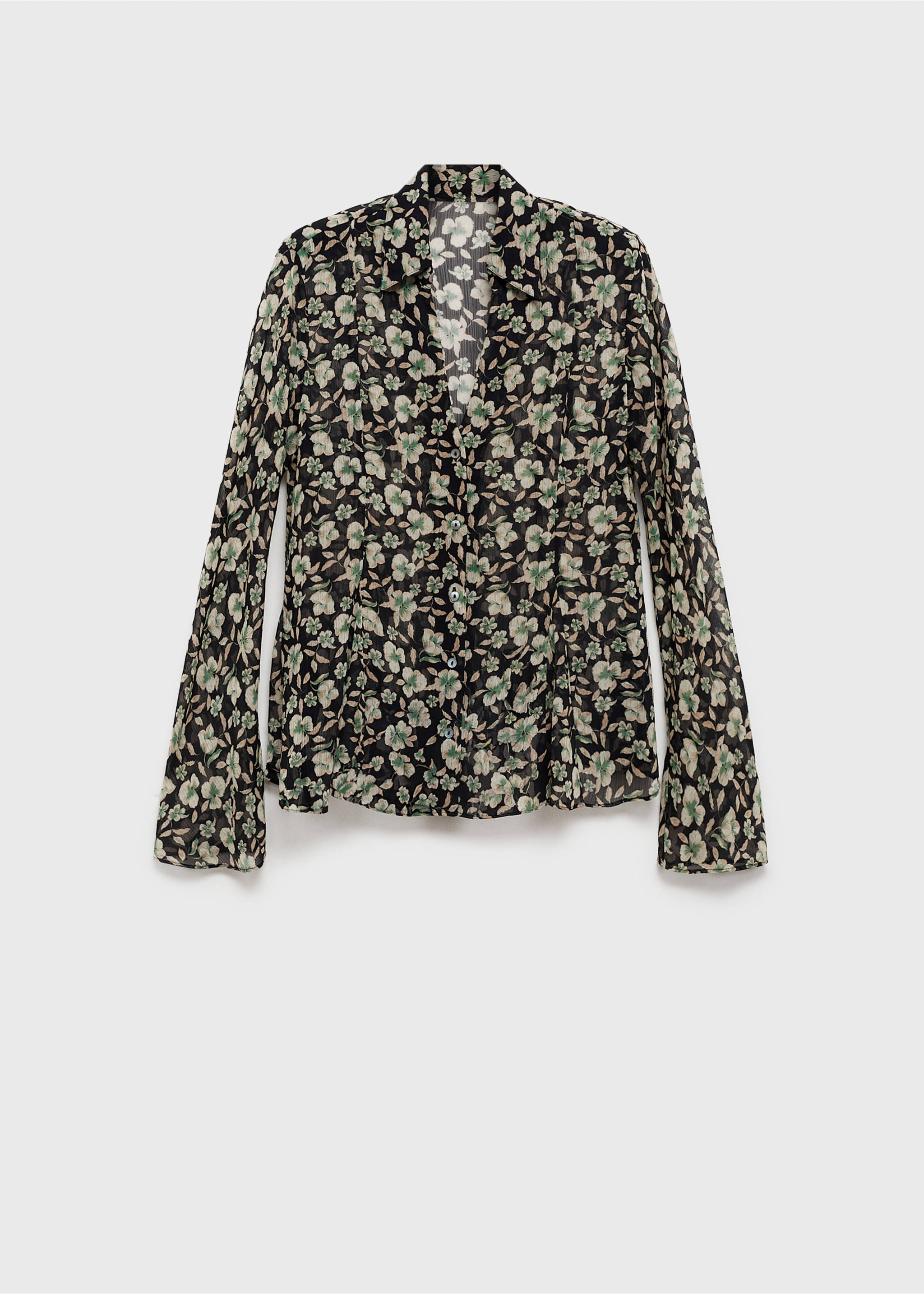 Black floral print shirt with long sleeves and a classic collar., Black. Ref: 77027722-00.