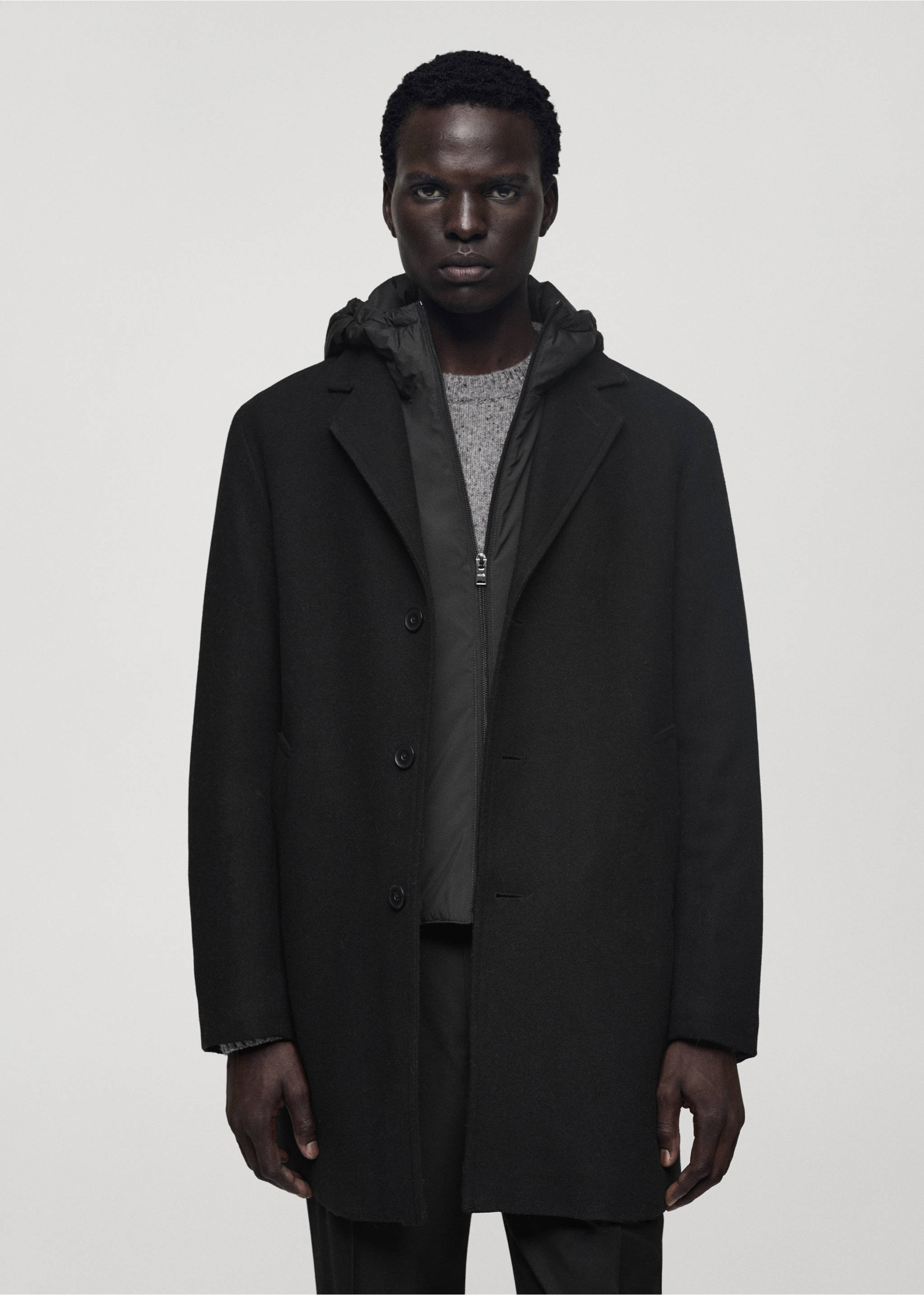 Wool coat with quilted interior hood - Medium plane, Black. Ref: 77027917-00.