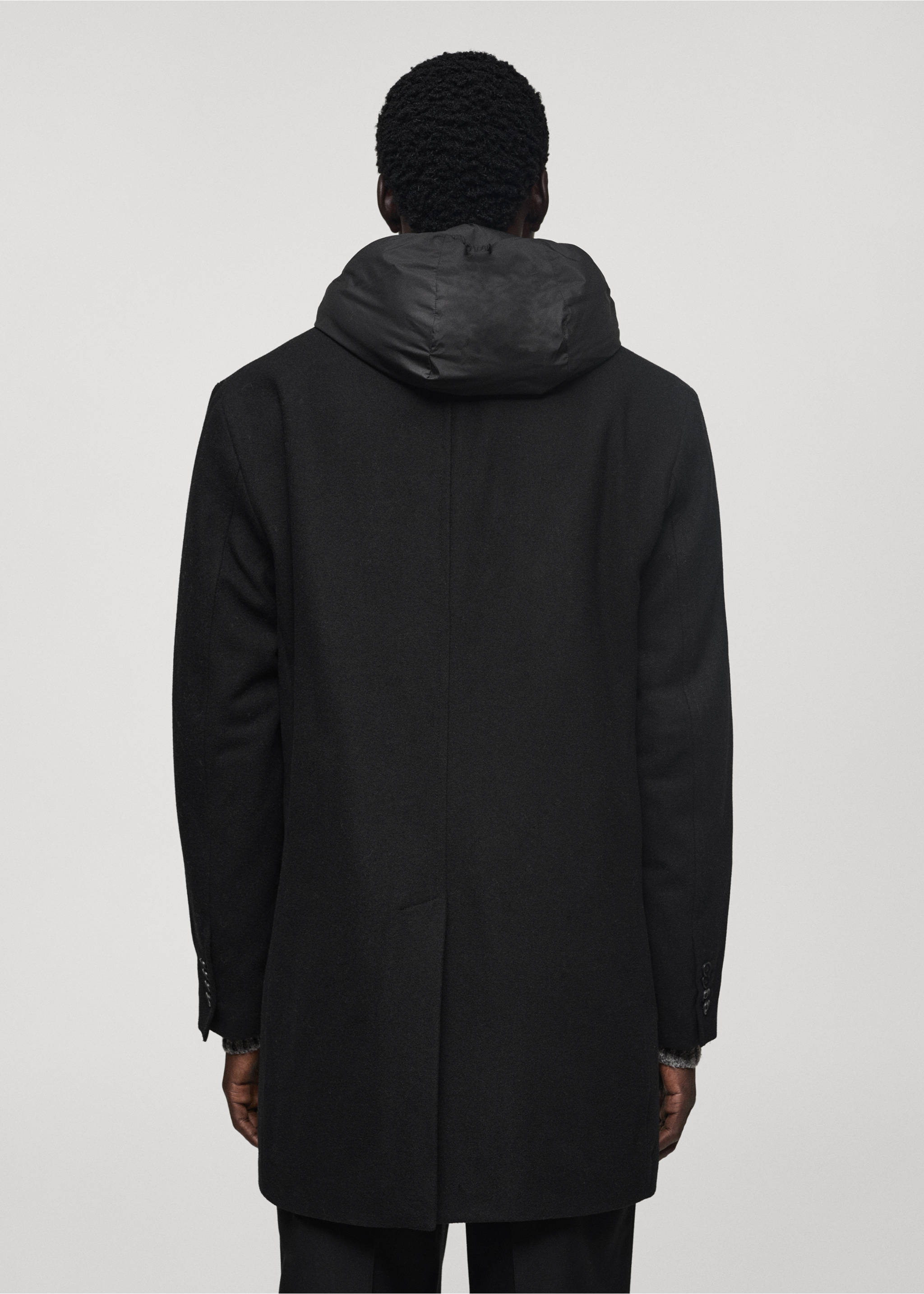 Wool coat with quilted interior hood - Reverse of the article, Black. Ref: 77027917-00.