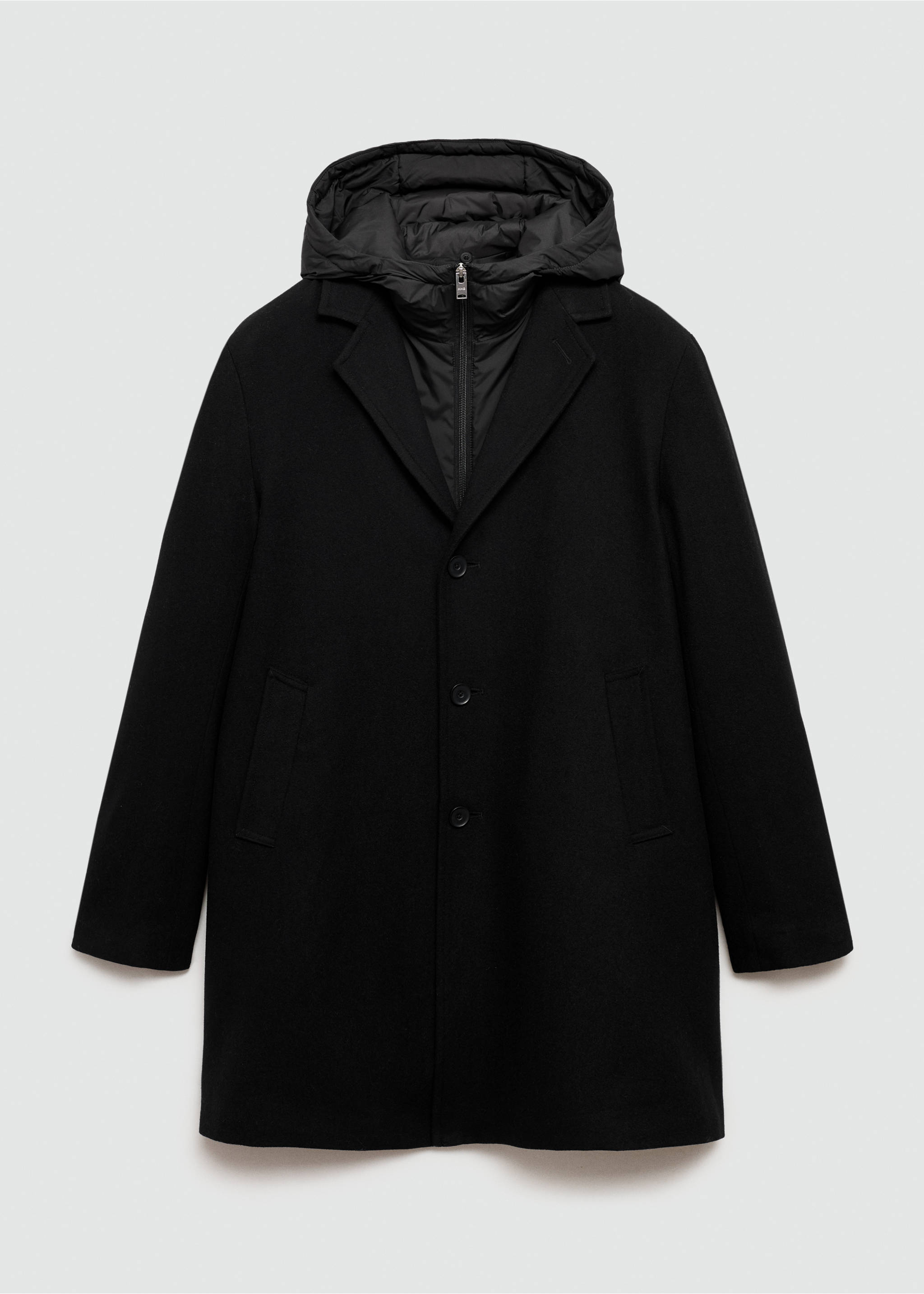 Wool coat with quilted interior hood - Article without model, Black. Ref: 77027917-00.