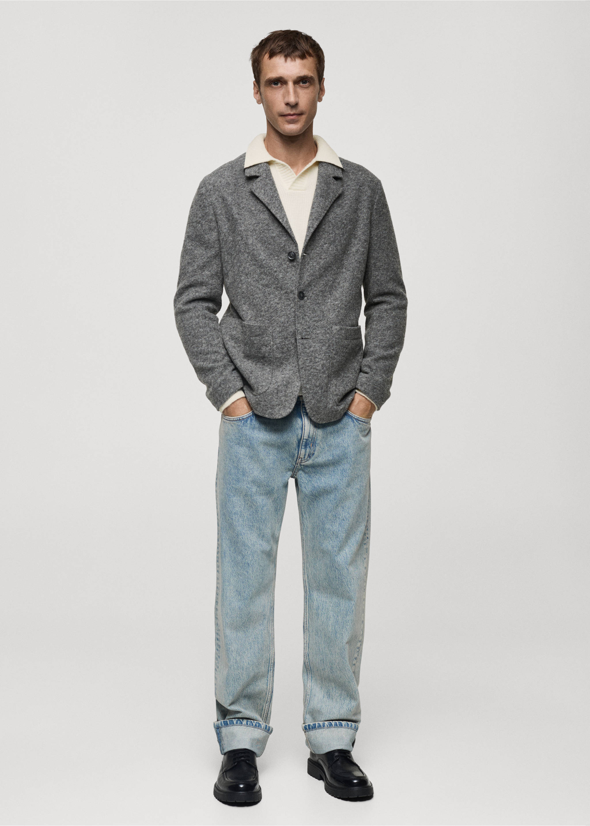 Пестрый пиджак slim fit из шерсти - Общий план, Серый. Ref: 77027921-00.