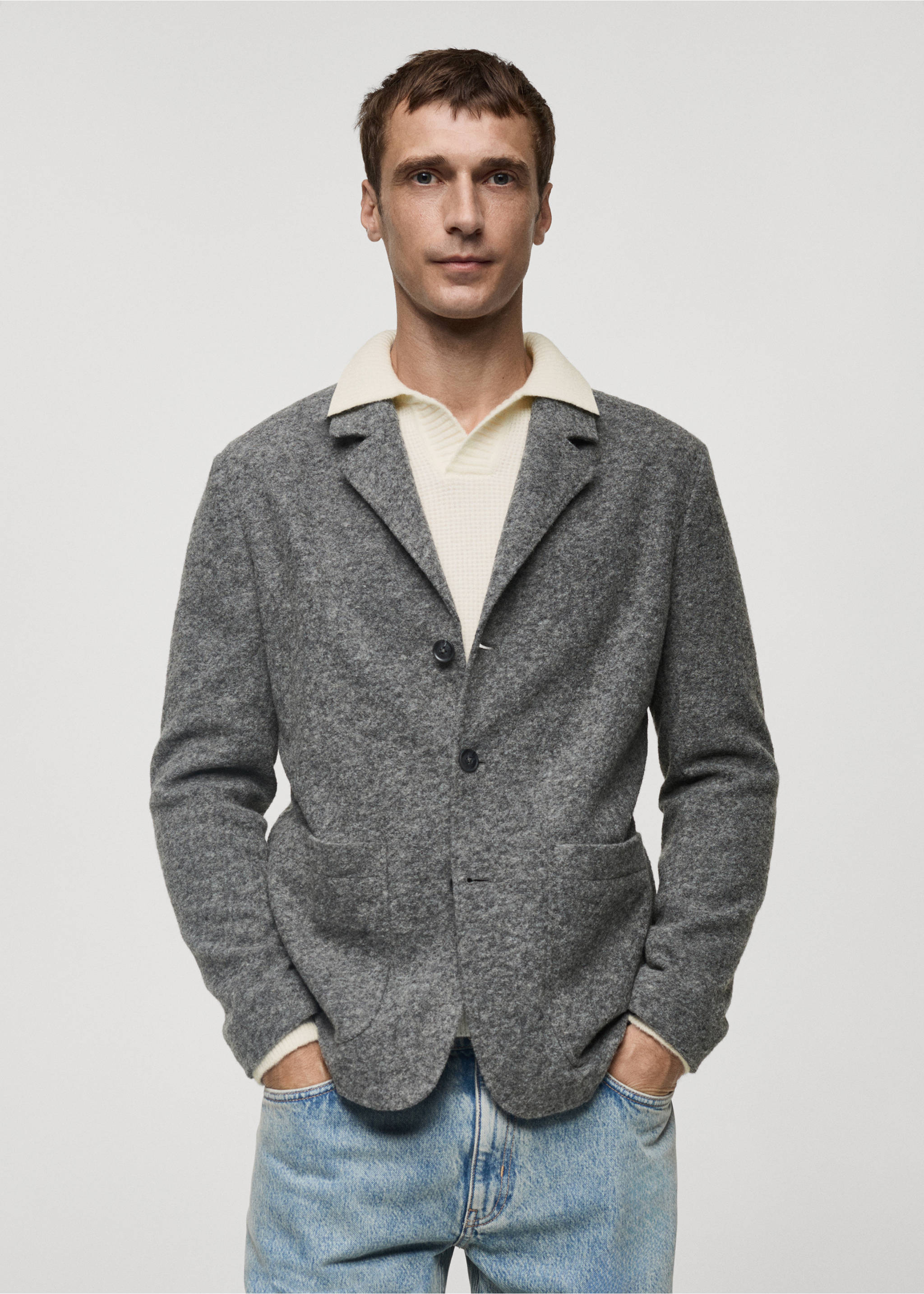 Пестрый пиджак slim fit из шерсти - Средний план, Серый. Ref: 77027921-00.