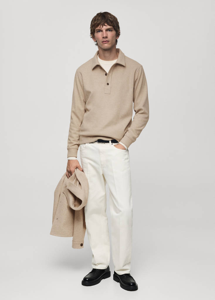 Regular fit sweatshirt-fabric polo shirt — Sand