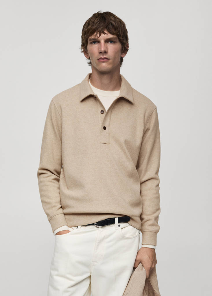 Regular fit sweatshirt-fabric polo shirt — Sand