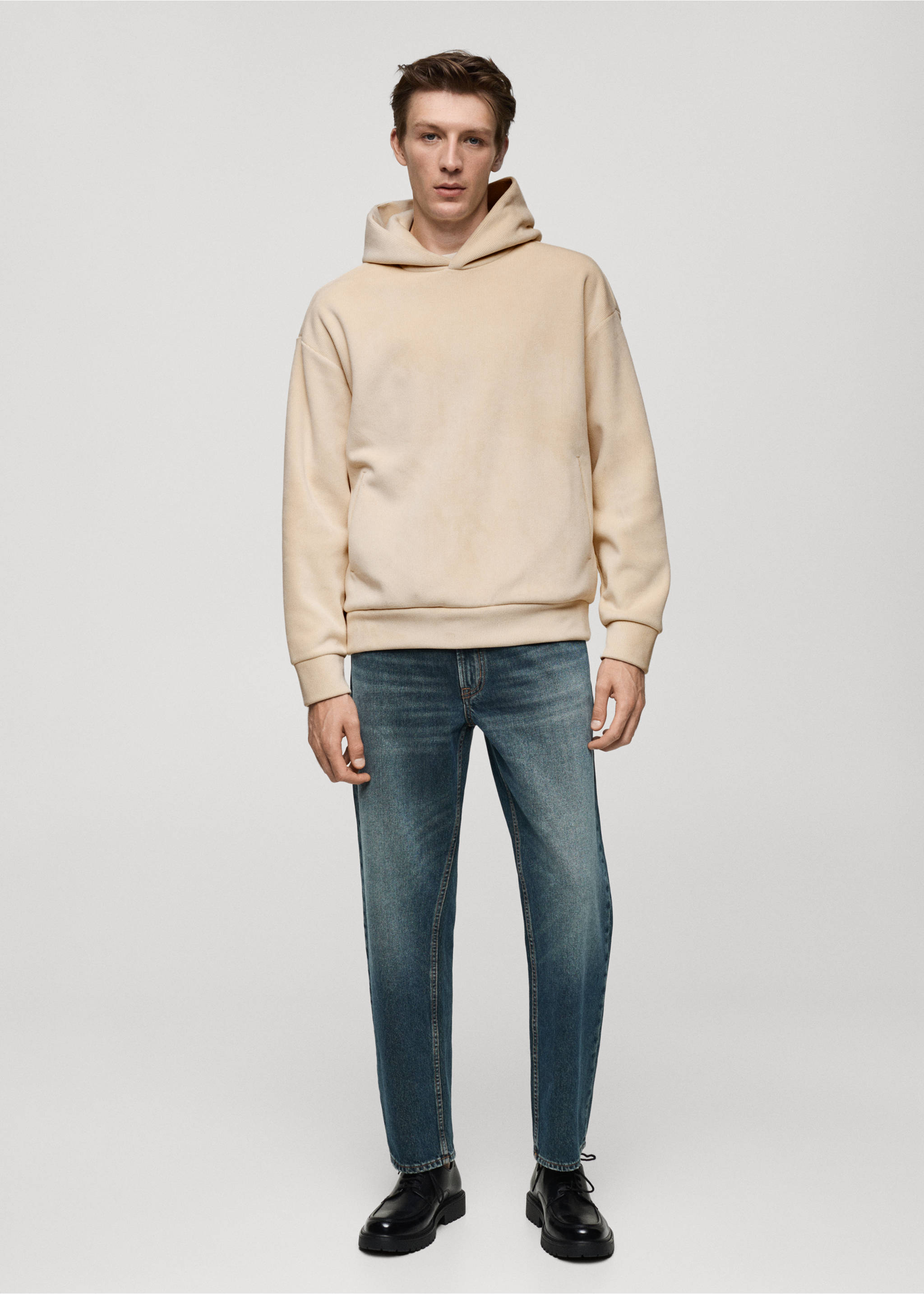 Sudadera capucha pana - Plano general, Crudo. Ref: 77027929-00.