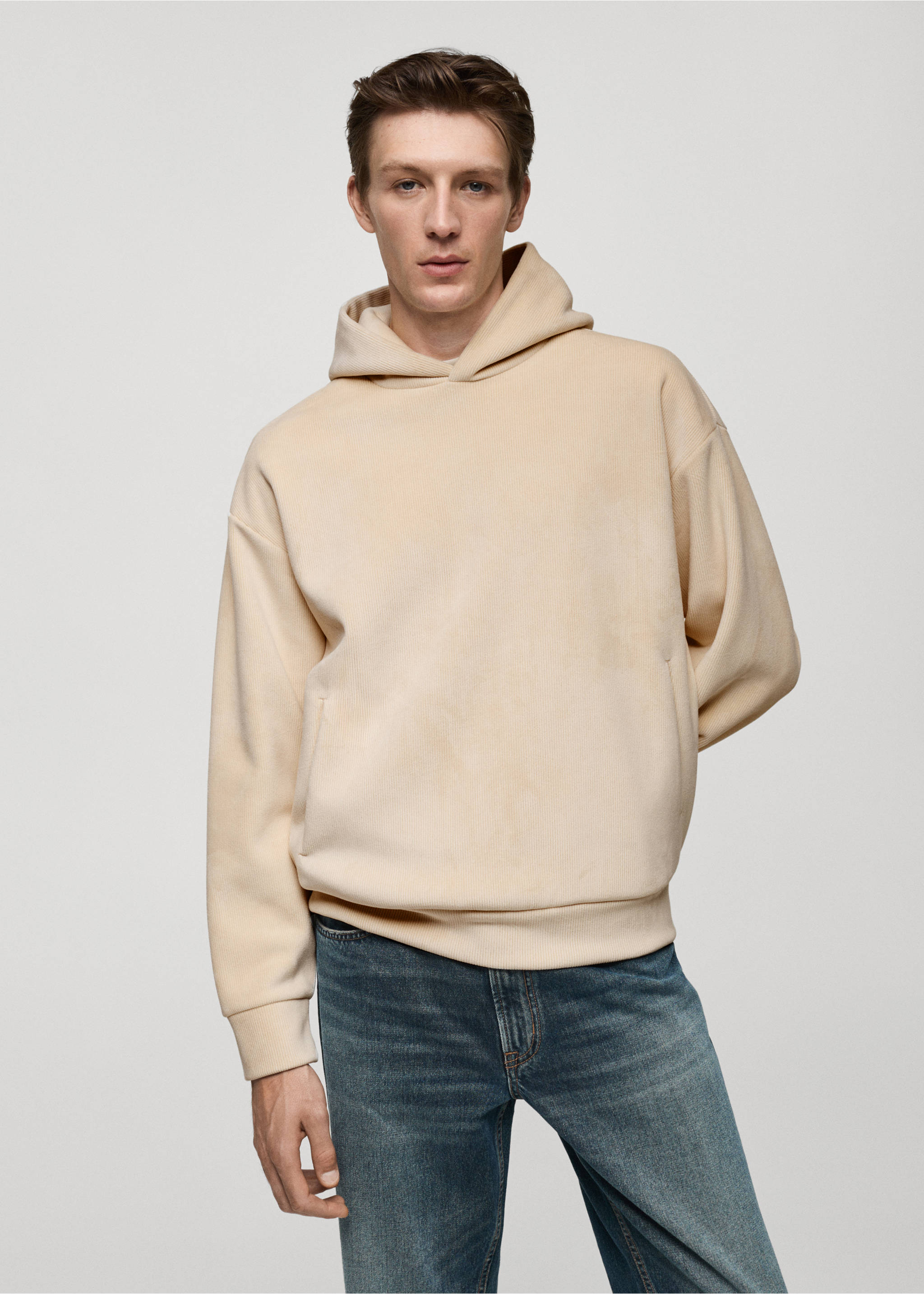 Sudadera capucha pana - Plano medio, Crudo. Ref: 77027929-00.
