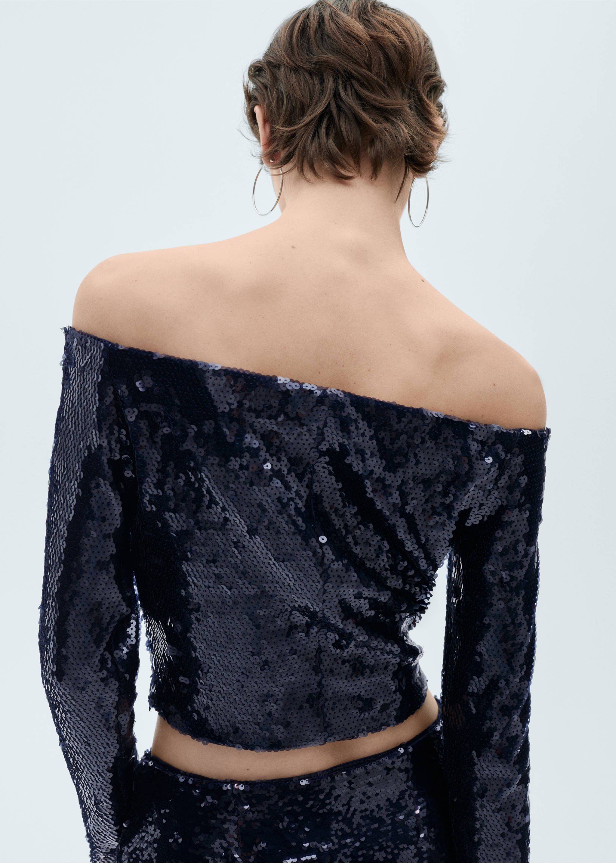Blouse paillettes épaules dénudées - Verso de l’article, Bleu. Ref: 77029058-00.