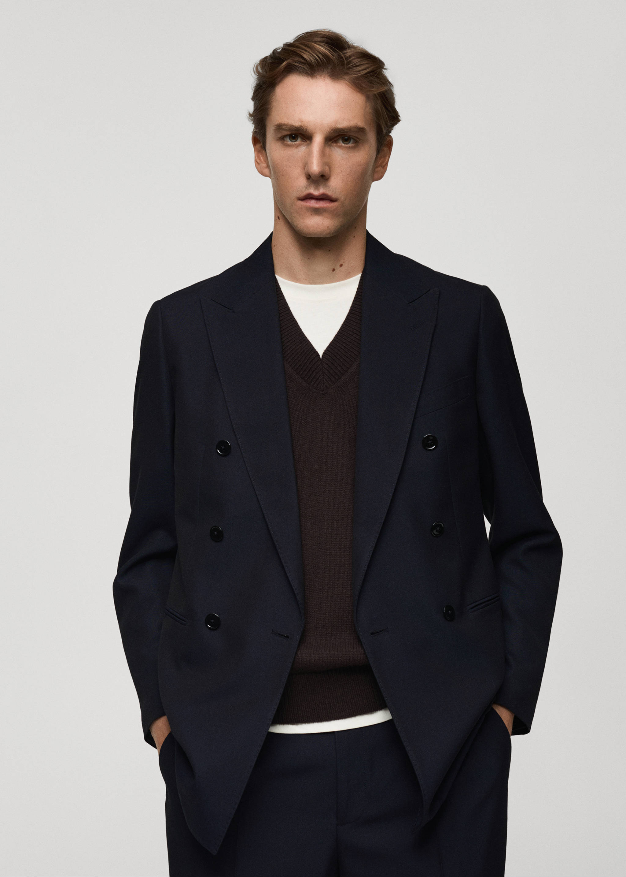 Americana traje slim fit cruzada - Plano medio, Azul marino oscuro. Ref: 77029230-00.