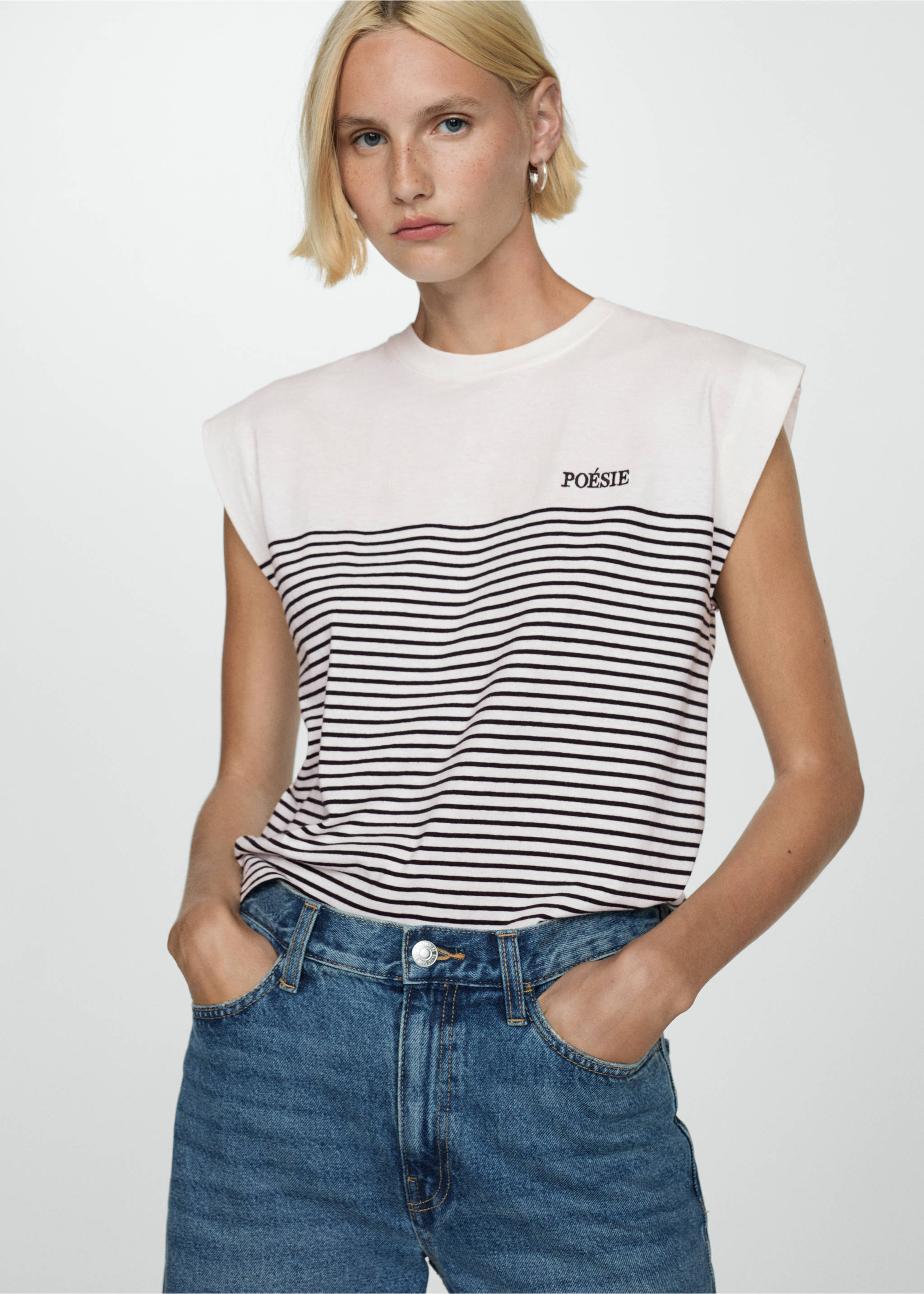 Camiseta algodón rayas - Plano medio, Blanco roto. Ref: 77034014-00.