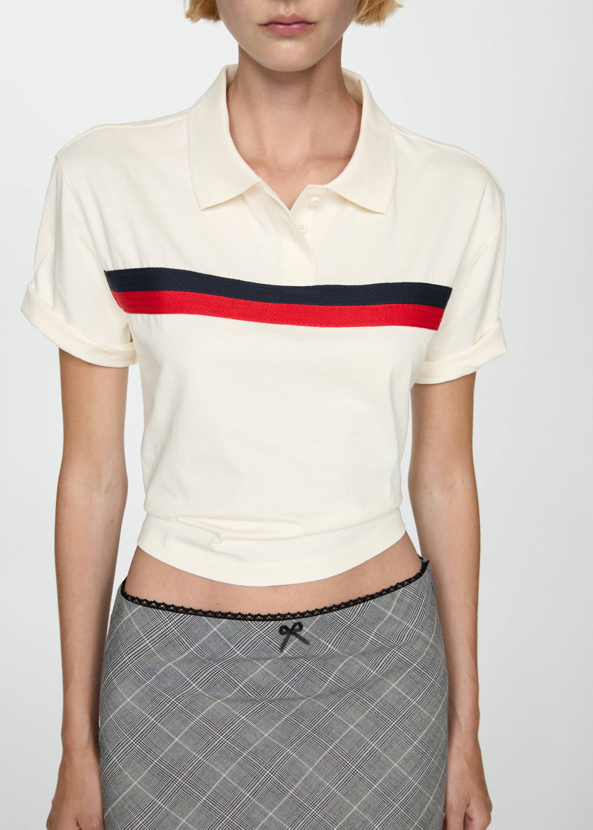 Cropped polo shirt with striped detail - Medium plane